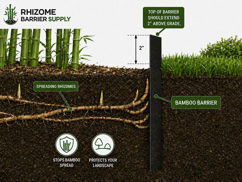 An informational diagram showing a black bamboo barrier post installed in soil with grass above, labeled with features such as spreading rhizomes, top of barrier 2 inches above grade, and benefits of stopping bamboo spread and protecting the landscape. Brand logo 'Rhizome Barrier Supply' appears in the top left.