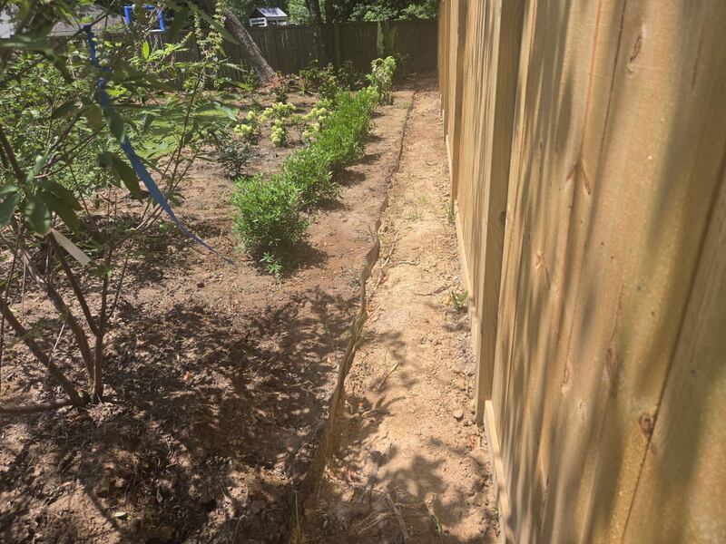 HDPE root barrier trench dug along a wooden privacy fence next to a planted garden bed

